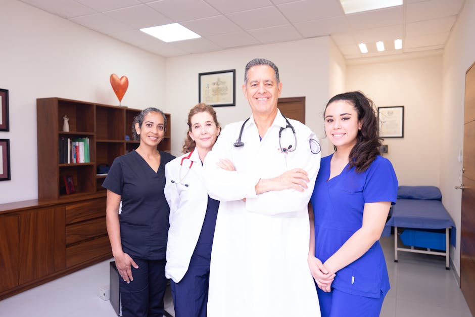 Smiling healthcare professional in blue scrubs